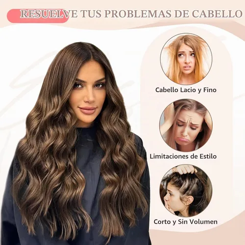 Vista 5 de Fliace Extensiones de cabello con clip para mujer, extensiones de cabello ondulado largo de color marrón medio, extensiones de cabello sintético