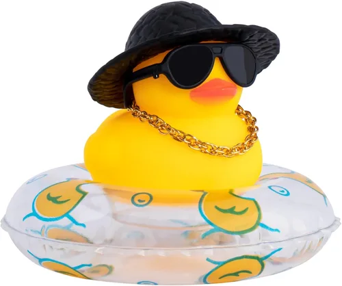 Vista 31 de wonuu Pato de goma para automóvil, decoración de pato amarillo con sombrero para el sol, anillo de natación, collar, gafas de sol para decoración