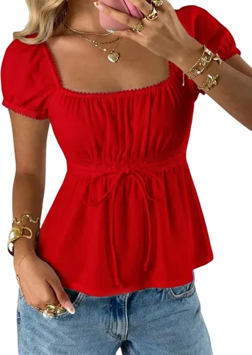 Vista 19 de SOLY HUX Blusa de verano de manga corta para mujer Blanco sólido