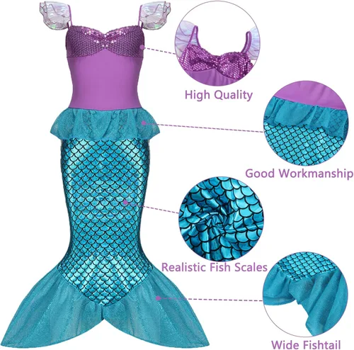 Vista 6 de ALIZIWAY Little Mermaid Costume Dress for Girls Kids Ariel Princess Birthday Halloween Cosplay with Wig Accessories