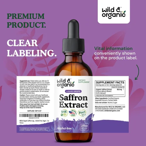 Vista 9 de Wild & Organic Suplementos de azafrán 88.5 mg – Gotas de azafrán para el estado de ánimo, cerebro, apoyo de la visión – Extracto líquido de Crocus