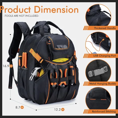 Vista 3 de Mochila de herramientas resistente con 52 bolsillos, bolsa de herramientas para hombres, bolsas impermeables para electricista con compartimento