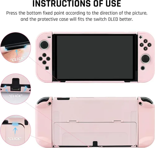 Vista 3 de GLDRAM Funda rosa para Nintendo Switch modelo OLED 2021 con protector de pantalla y 4 tapas para pulgar, cubierta dura protectora para consola