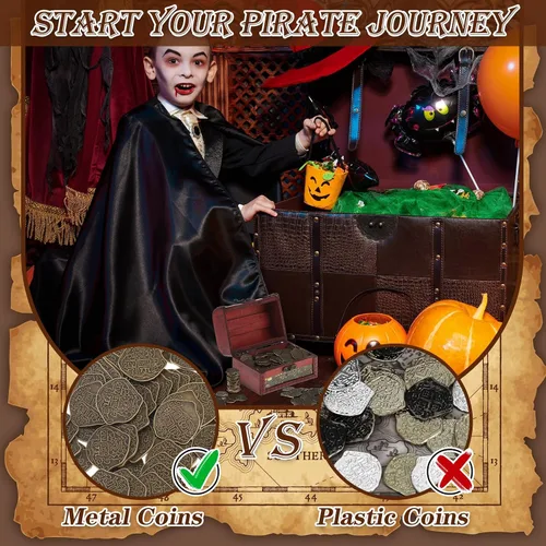 Vista 3 de Hanaive 100 Piezas Monedas de Pirata de Metal Cofre del Tesoro Doblón Español Monedas Falsas Fichas para Niños Juegos de Mesa Fiesta Pirata Cosplay