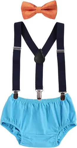 Vista 11 de Conjunto de ropa para festejar el primer cumpleaños de bebés, calzón pañalero con tirantes y corbata de moño. Beige & Blue