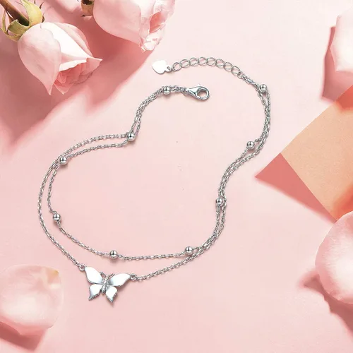 Vista 2 de FLYOW Tobillera para mujer de plata de ley S925 ajustable con cuentas de corazón con dije de corazón