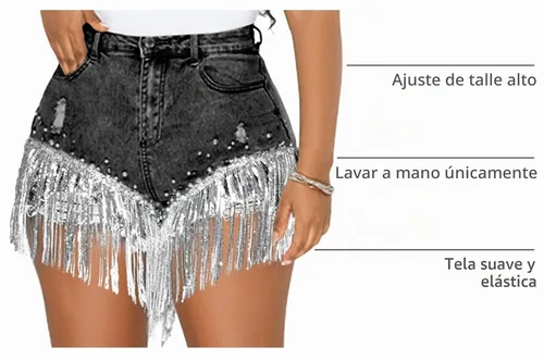 Vista 4 de LifeShe Pantalones cortos de mezclilla para mujer con cuentas de perlas de diamantes de imitación