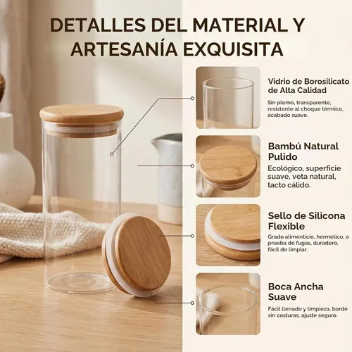 Vista 3 de Paquete de 2 tarros de vidrio transparente de 11.8 fl oz de 12 onzas con tapas herméticas de bambú, recipientes de vidrio herméticos dispensadores