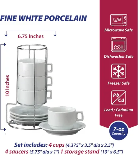 Vista 5 de HIC - Juego de té apilable de 9 piezas de café capuchino (porcelana), color blanco