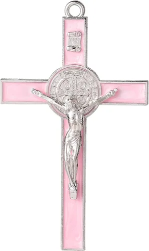 Vista 2 de VINETEN Crucifijo - Cruz de Pared de San Benito que da Bendición y Cruz de Pared Espiritual Sagrada de Esmalte Rosa para Niña de 5 Pulgadas