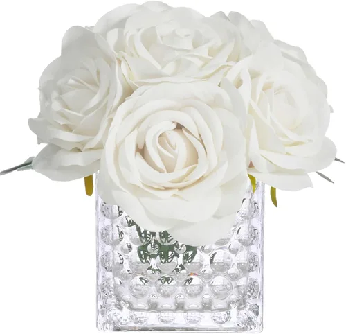 Vista 13 de Arreglo de centro de mesa de rosa artificial de seda en florero de vidrio con luz LED para decoración de bodas en el hogar (Negro)