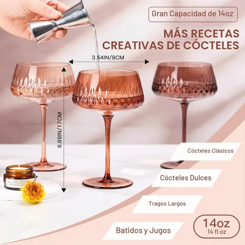 Vista 5 de Juego de 6 vasos de Martini marrón, 14 onzas, grandes vasos vintage para cócteles y champán, cristalería de colores elegantes para bar en casa