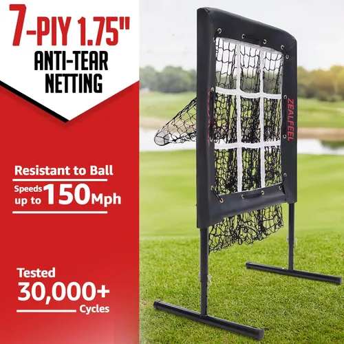 Vista 4 de ZEALFEEL Red de lanzamiento de béisbol, red de tiro de 9 agujeros con zona de ataque, entrenador de lanzamiento ajustable de 5 alturas, red