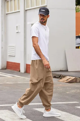 Vista 3 de COOFANDY Pantalones de harén hippie para hombre, holgados, de lino, algodón, pantalones de yoga, pantalones de playa de verano, pantalones casuales