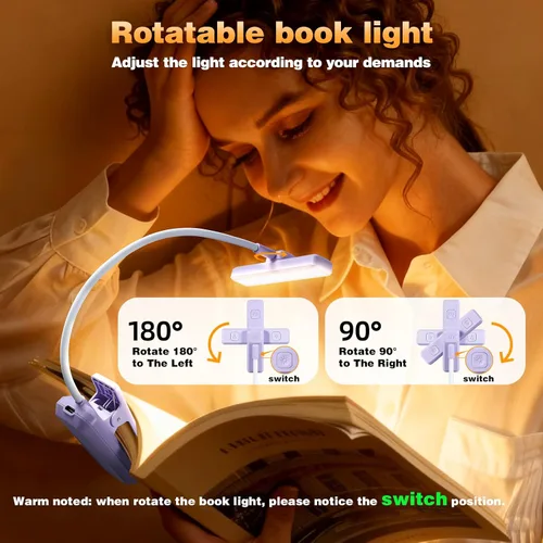 Vista 5 de VAVOFO Luz de Libro Recargable Giratoria: 24 LEDs Luz de Lectura, 3 Colores y 9 Niveles de Brillo Lámpara de Libro, Cuidado de Ojos 120 Horas
