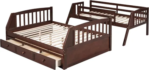 Vista 6 de DEINPPA Litera desmontable individual sobre matrimonial con escalera, se puede dividir en 2 camas individuales, litera de madera con cajones
