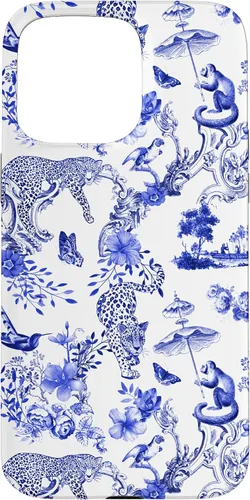 Vista 31 de French Blue Toile Chinoiserie with Flowers, Monkey, Leopards Case for iPhone 17