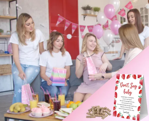 Vista 5 de Juego de pinzas para ropa de bebé, 1 letrero y 50 mini pinzas para la ropa, decoraciones de baby shower de fresa, juegos de baby shower