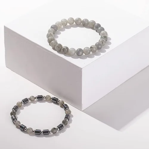 Vista 3 de Juego de pulseras de cuentas para hombre de 0.315 in y 0.157 in de piedras preciosas curativas trenzadas con dije de circonita cúbica, pulsera