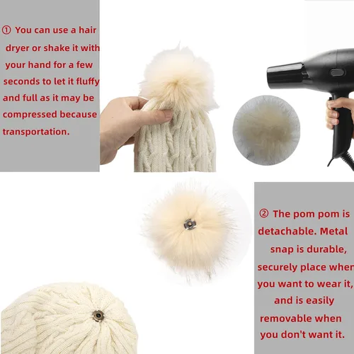 Vista 4 de Sombreros de invierno para mujer, gorro de punto con forro polar cálido, pompón de piel sintética extraíble
