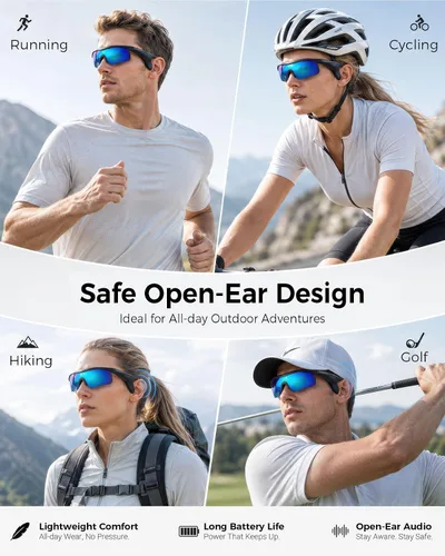 Vista 8 de Lentes de sol Bluetooth para hombres y mujeres, lentes deportivos polarizados UV400 con altavoces HD de oído abierto, asistente de voz y tubos