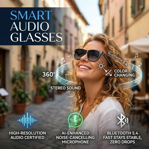 Vista 4 de Gafas de traducción inteligente AI Traductor de voz de 164 idiomas, Bluetooth de oído abierto con altavoces, lentes fotocrómicas, batería ligera