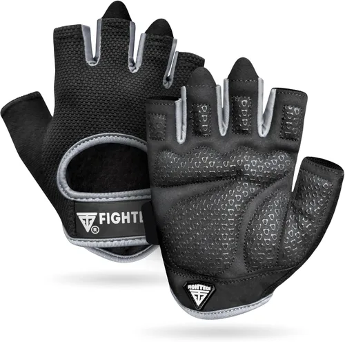 Vista 8 de FIGHTECH Guantes de entrenamiento para hombres y mujeres, guantes sin dedos para levantamiento de pesas con palmas acolchadas, guantes de gimnasio