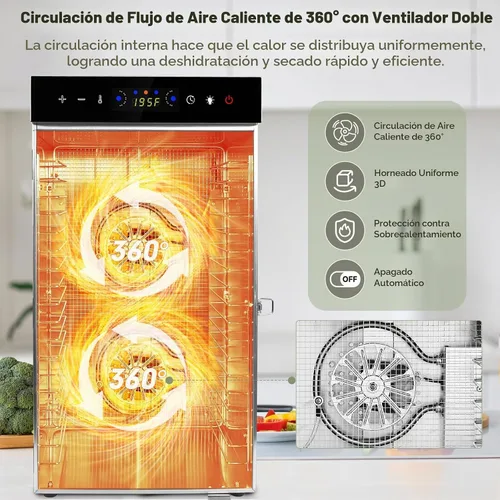 Vista 4 de SUCISENI Máquina deshidratadora de alimentos de 1000 W, 18 bandejas de acero inoxidable, secadora comercial de alimentos deshidratados