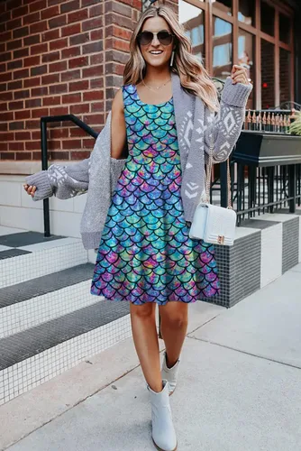 Vista 3 de uideazone - Vestido de mujer sin mangas cuello redondo de verano, para playa, casual, Midi línea A.
