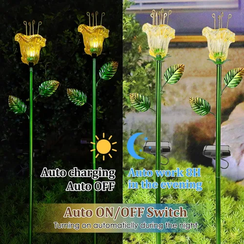 Vista 5 de VChymm Paquete de 2 flores decorativas solares, luces de lirio de vidrio amarillo impermeables, encendido/apagado automático para jardín, patio