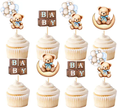 Vista 11 de 24 piezas de decoración para cupcakes con temática de "We Can Bearly Wait" Oso de globos brillantes, decoración temática de revelación de género