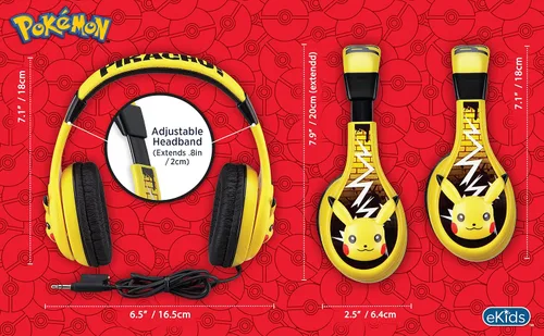 Vista 2 de eKids Pokemon Pikachu - Auriculares con cable para niños, ajustables, sonido estéreo, conector de 3.5mm, sin enredos, control de volumen, diadema