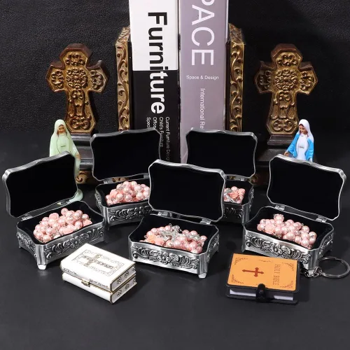 Vista 7 de WHLHMK Rosario católico para mujer con caja de rosario, collar de rosario de cuentas de cristal azul con caja de joyería vintage de la última cena