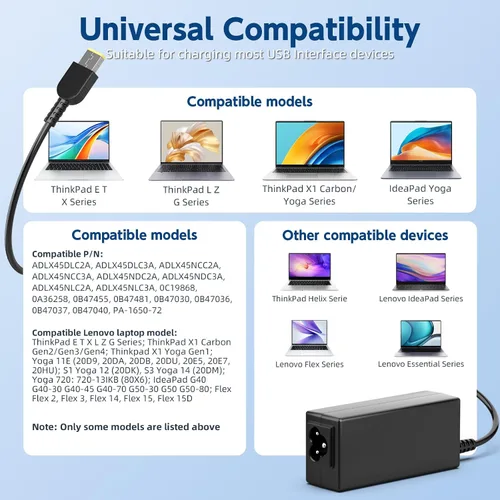 Vista 4 de ROLADA Cargador adaptador de CA de 45 W compatible con Lenovo ThinkPad X240 X250 T440 T450 L450 E450, Yoga 11/11S, IdeaPad S21e, G50 G40 Z50 Z50-70