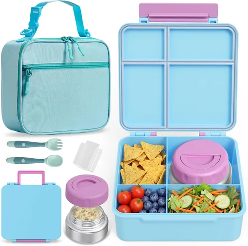 Vista 9 de Lonchera Bento para niños con contenedor térmico de alimentos (9 onzas), lonchera de 4 compartimentos, divisor ajustable, lonchera Bento a prueba