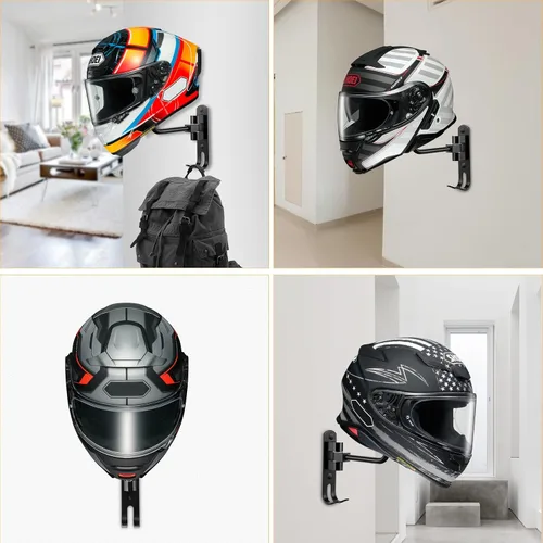 Vista 7 de PAHTTO Soporte para casco de motocicleta, 2 piezas, soporte para casco de pared, rotación de 180 grados, con doble gancho para abrigos, gorras