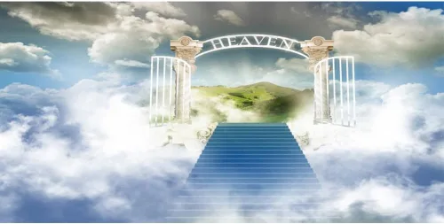 Vista 17 de Telón de fondo del cielo de 5x3 pies Puerta del cielo Puerta del paraíso Fondo fotográfico para niños, alfombra de baby shower, pancarta