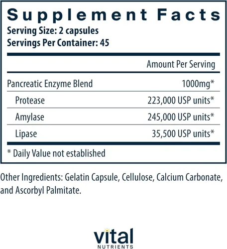 Vista 2 de Vital Nutrients Enzimas pancreáticas de 1000 mg (fuerza completa) - Suplemento de digestión de pancreatina con proteasa, amilasa y lipasa - Enzimas