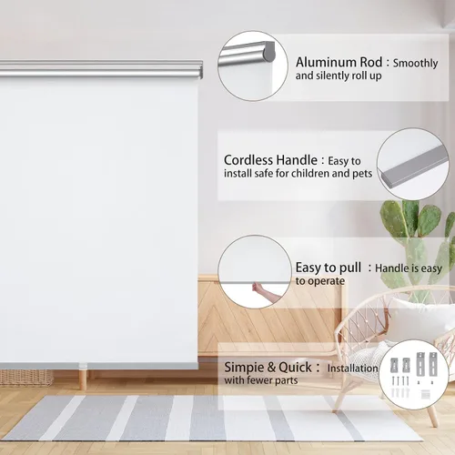 Vista 5 de Changshade Persianas enrollables opacas sin cordón para ventanas, persianas de parada libre con cenefa, aislamiento térmico, protección UV, Blanco