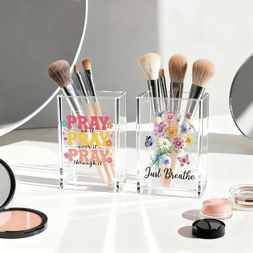 Vista 3 de Just breathe - Paquete de 2 portalápices cosméticos de acrílico tipo vaso, organizador de brochas de maquillaje inspirador Hope, regalos de fe