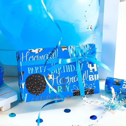 Vista 5 de WRAPAHOLIC Papel de regalo para cumpleaños - Rollo mini - 17 pulgadas x 16.5 pies - Papel de regalo azul dorado con foil brillante de feliz Azul
