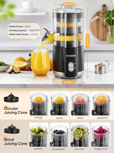 Vista 2 de FOHERE Exprimidor eléctrico de cítricos, máquina exprimidora de naranja manos libres con 2 conos intercambiables, exprimidor automático de jugo