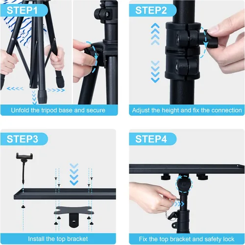 Vista 7 de Trípode ajustable para proyector, altura de laptop de 23.5 a 46.5 pulgadas con soporte para teléfono de cuello de cisne, piso para oficina, hogar