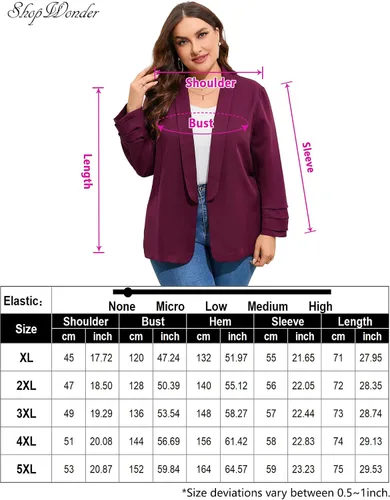 Vista 7 de ShopWonder Blazer casual con bolsillos para mujer, talla grande, para oficina, frente abierto, manga 34, cárdigans, chaqueta de trabajo