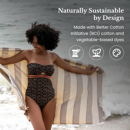 Vista 4 de Toalla de playa turca ligera, 100% algodón BCI, flecos crudos sin blanquear, certificado Oeko-TEX, absorbente, respetuosa con el medio ambiente, 36