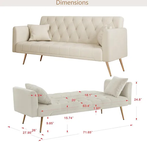 Vista 2 de Anwick Sofá cama moderno de terciopelo de 72 pulgadas, sofás plegables convertibles con 3 respaldos ajustables, asiento reclinable copetudo, patas