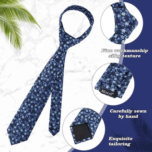 Vista 4 de Alizeal Mens 3.15inches Leaf Flower Pattern Tie with Floral Pocket Square Set