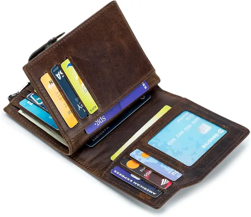 Vista 26 de LUKZIJAES Billetera de cuero genuino para hombre, con bloqueo RFID, delgada, plegable, bolsillo frontal, #3-Café, Vintage