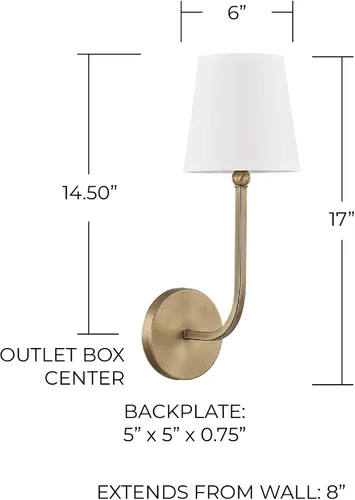 Vista 3 de Capital Lighting 619311AD-674 Dawson Pantalla de Tela Blanca Decorativa Stay-Straight Aplique de Pared, 1-Luz 60 Vatios, 17" H x 6" A, Latón