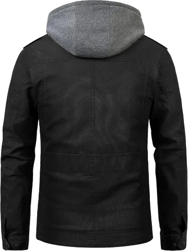 Vista 3 de Pursky Chaqueta Militar de Hombre Chaqueta de Algodón Lavado Casual con Capucha de Lienzo Abrigo de Otoño